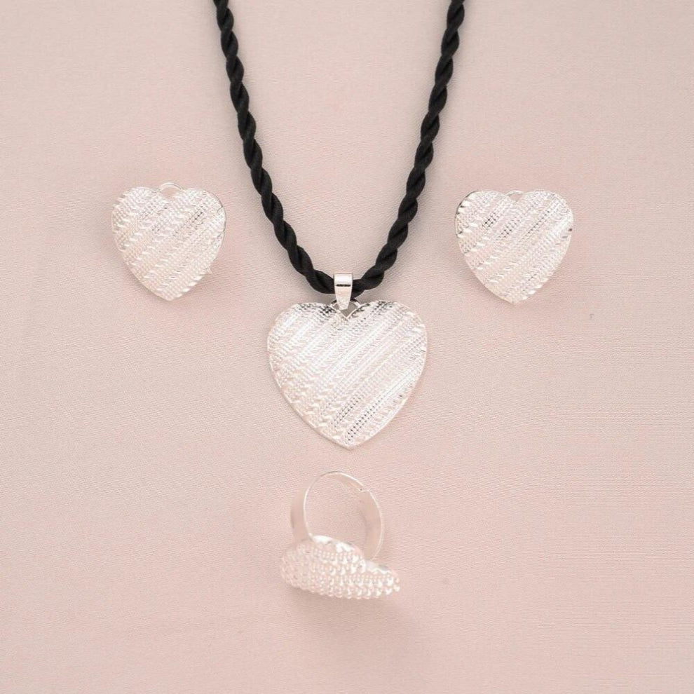 Heart Shape Sivler Plated Ethiopian Earrings-Pendant-Ring Jewelry Sets Africa Bride Wedding Eritrea Set Gift