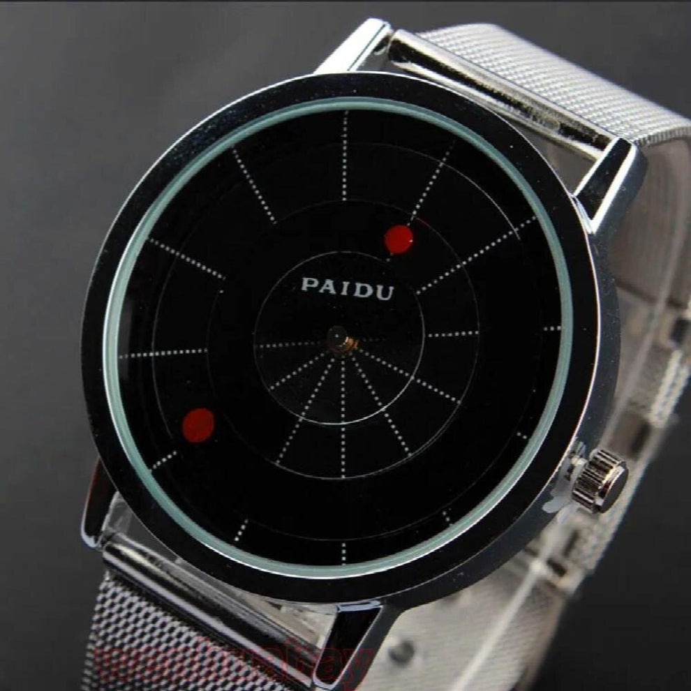 Paidu Unique Arc pointer Black-White Quartz Stainless Mesh Band Wrist Watch Mens Boy Turntable Dial Digital Gift Wristwatches