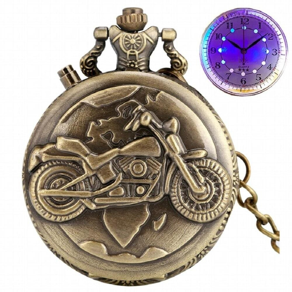 Retro Motorcycle CAR Pattern Quartz Pocket Watch Luminous LED Flash Motorbike MOTO Pendant Fob Watch Chain for Men