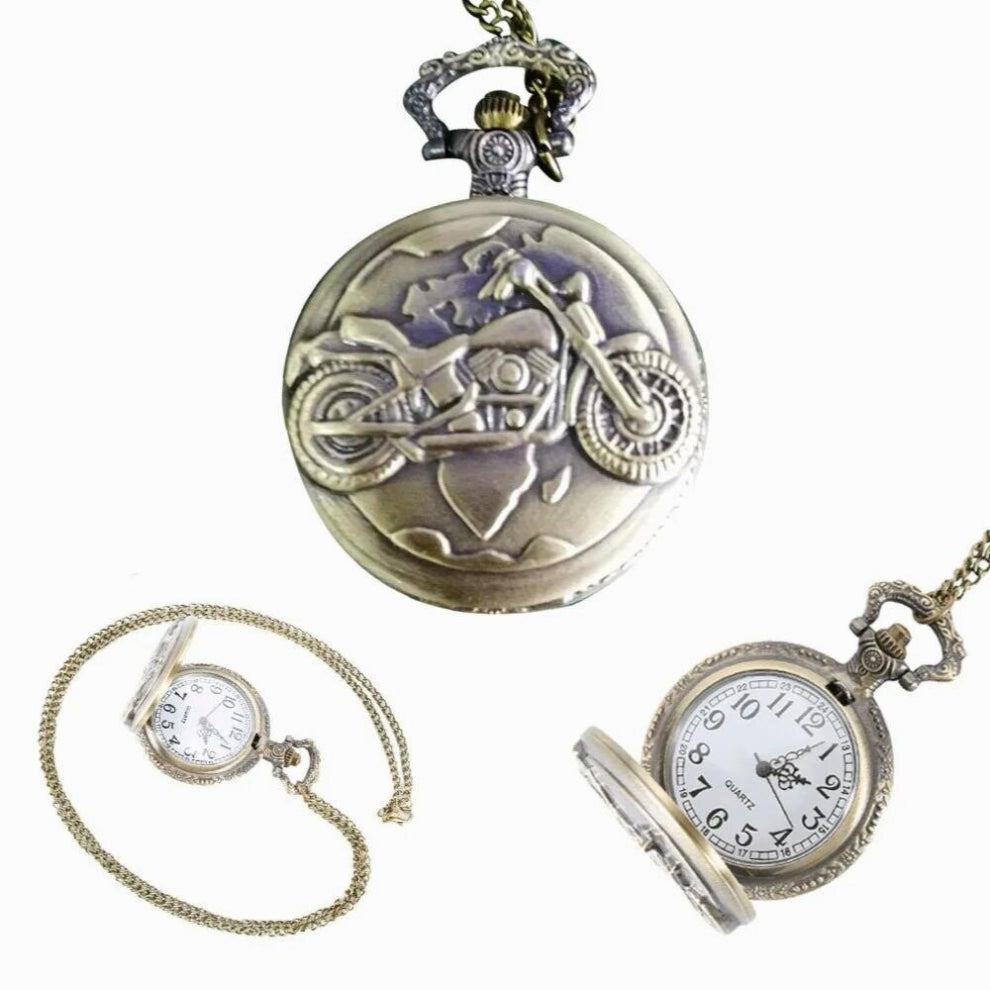 Vintage Alloy Motorcycle Motorbike Pocket Watch Necklace Pendant Chain Clock Gift LL@17