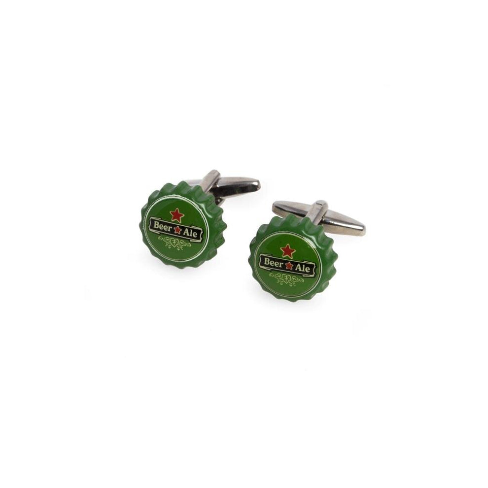 International  Rhodium Plated Beer Cap Cufflinks - Silver & Green