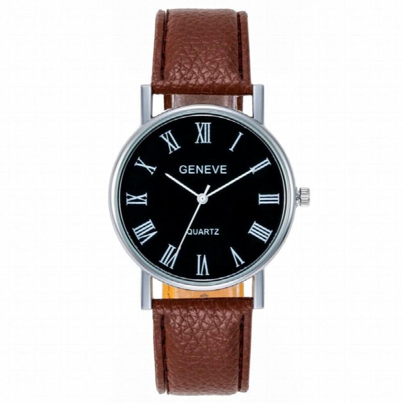 Men Watch Roman Scale Male Blu-Ray Faux Leather Band Quartz Analog Business WristWatch Clock
