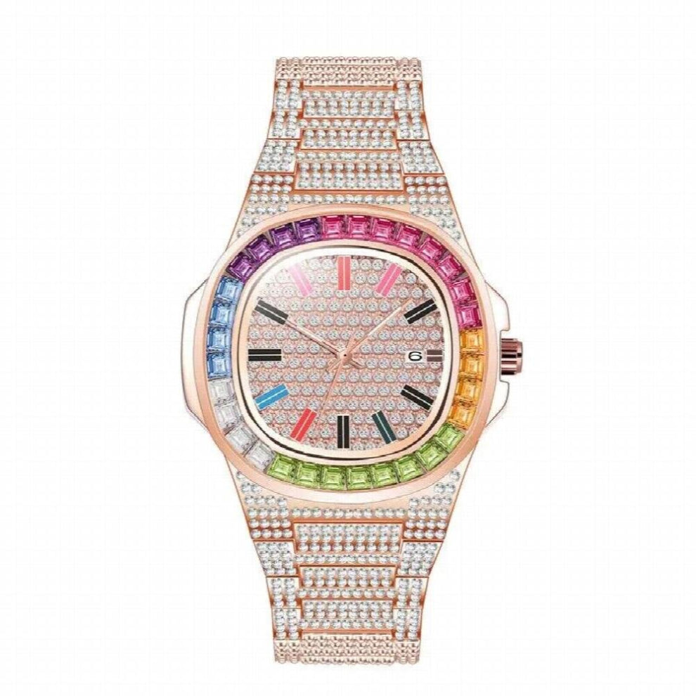 Watch For Men Large Grain Diamond Calendar Stainless Steel Quartz Watches Mens Watch