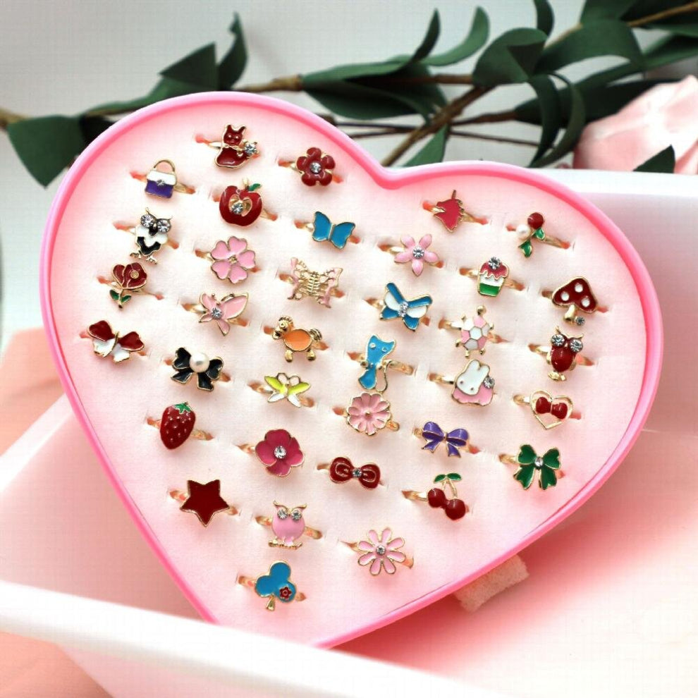 36 Lovely Heart Shaped Jewel Rings for Girls Adjustable Kids Jewelry Set with Display Case for Pretend Play & Dress Up Fun Halloween Christmas