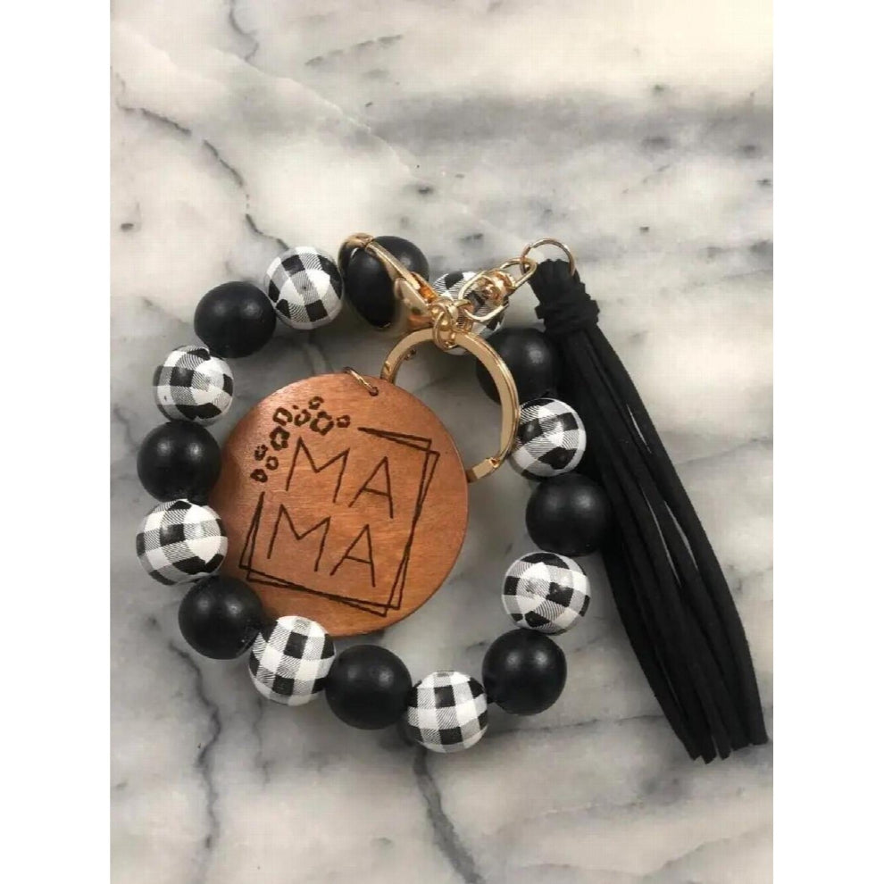 Mothers Gift MAMA Wood Chip Pendant keyring Leopard Pattern Wooden Bead Bracelet Elastic Rope Tassel Keychain Bracelet