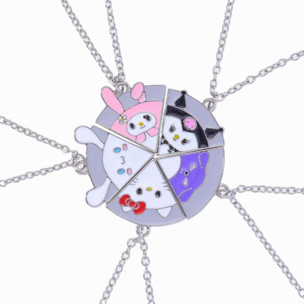 Animal Rabbit Bear Cat Dog Kitty Puzzle Pizza Pendant Necklace Set For 5 Children Friends Sister Gift