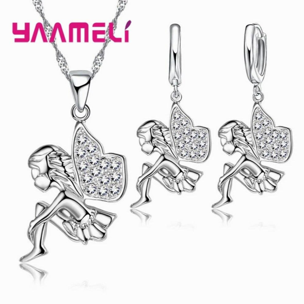 925 Sterling Silver Necklace+Earrings Jewelry Set Mysterious Romantic Style Fairy Modeling For Little Girl Present