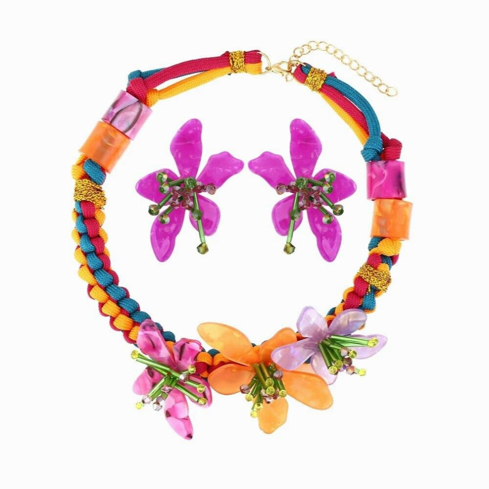 Za Multicolor Resin Flower Necklaces Earrings Set for Women Bohemia Woven Cord Chains Acrylic Chokers Necklace Collar Jewelry