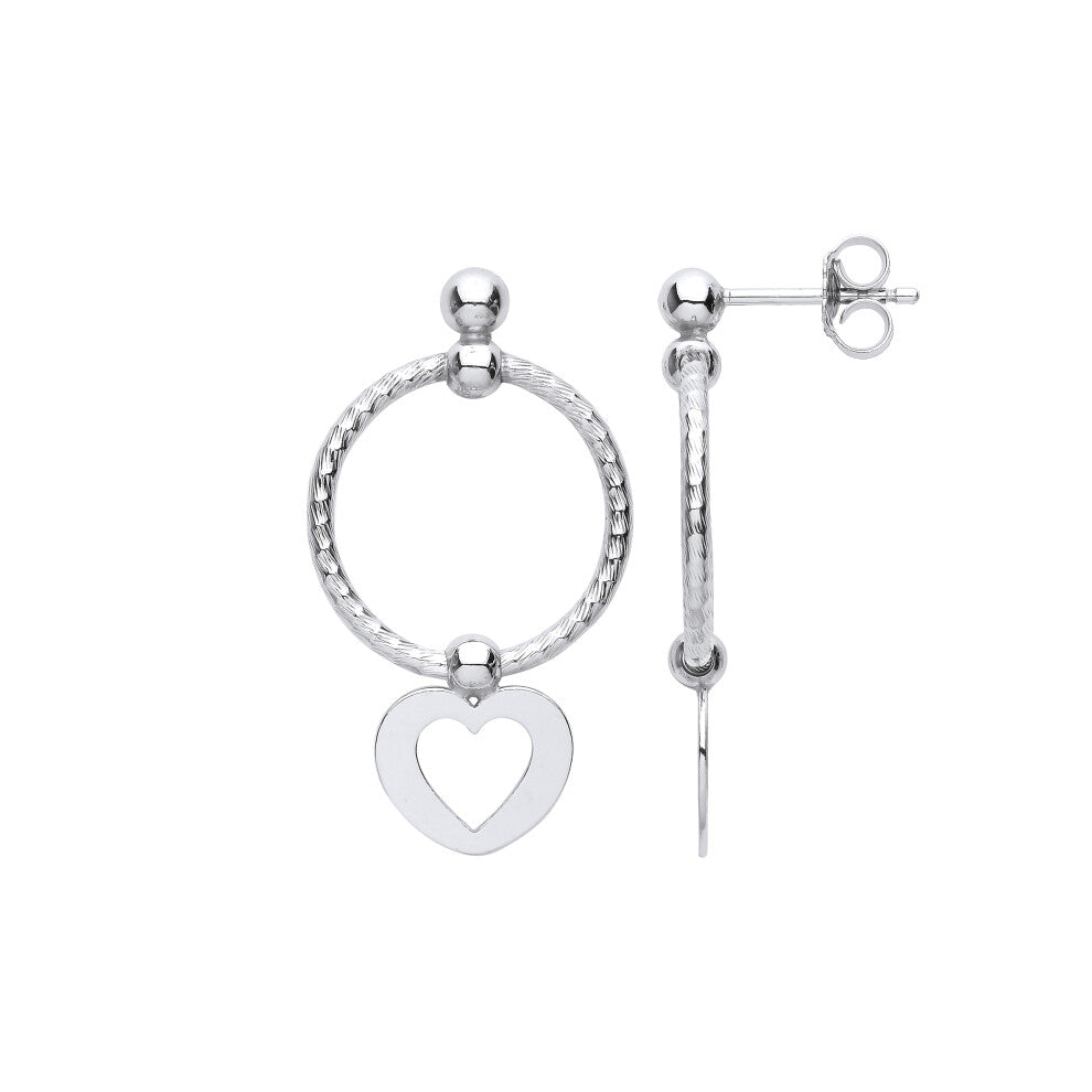 Jewelco London Ladies Platinum Plated Sterling Silver Love Heart Swing Bead Barked Hoop Drop Earrings - EAG1099