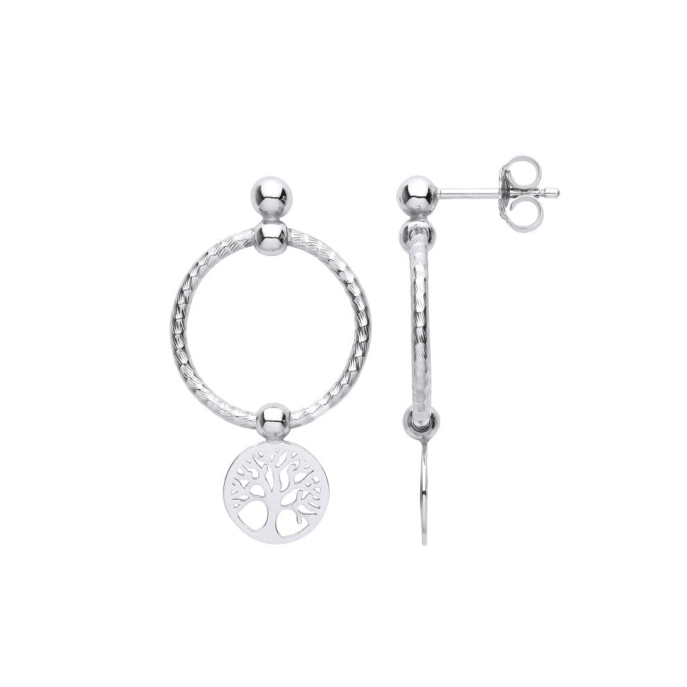 Jewelco London Ladies Platinum Plated Sterling Silver Tree of Life Swing Bead Barked Hoop Drop Earrings - EAG1100