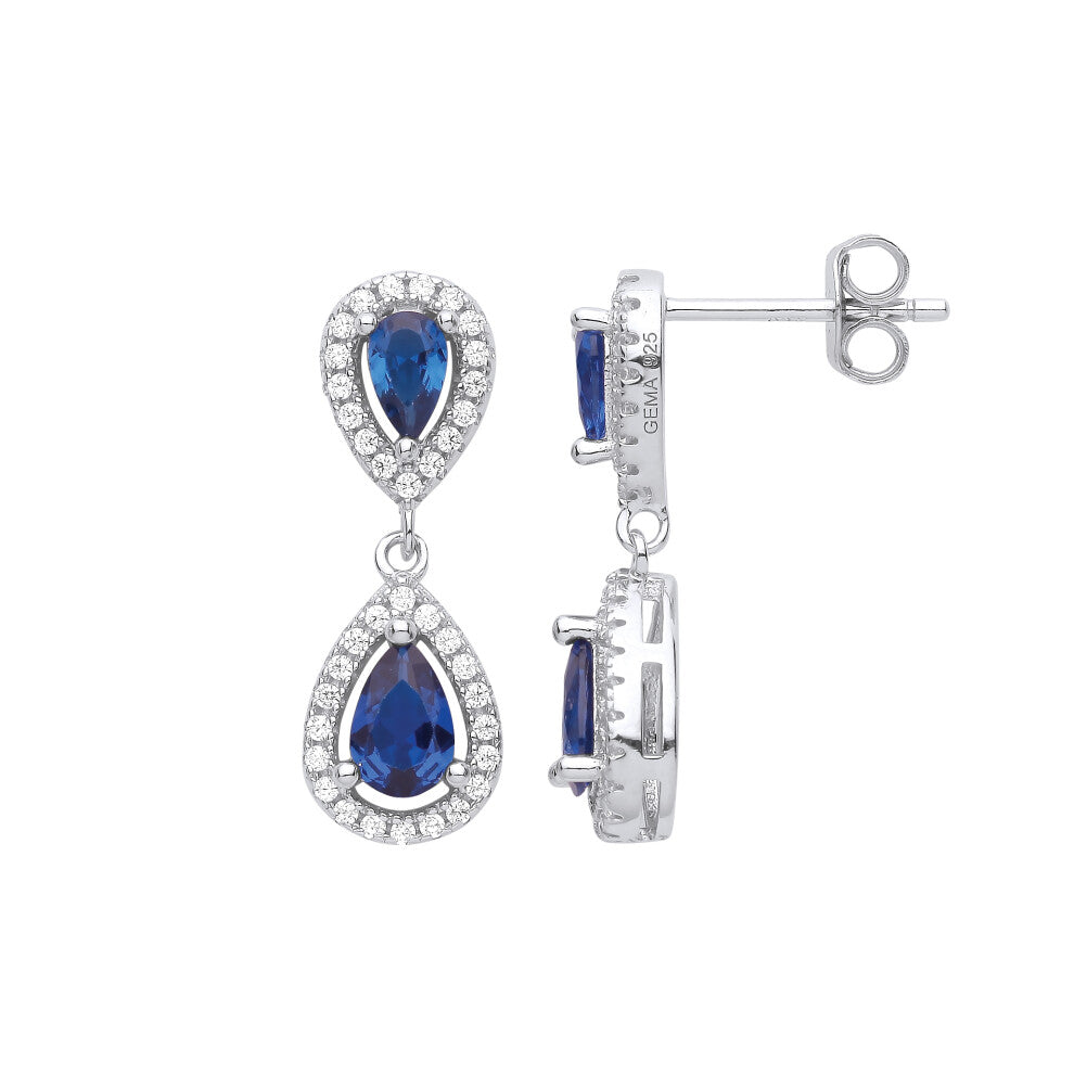 Jewelco London Ladies Rhodium Plated Sterling Silver Blue Pear CZ Mirrored Tears of Joy Drop Earrings - EAG1019