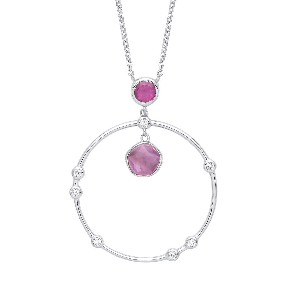 Jewelco London Ladies Silver Lilac Hot Pink irregular Amethyst CZ Pendulum Swing Orbit Circle Lavalier Necklace 16 inch - GVK343