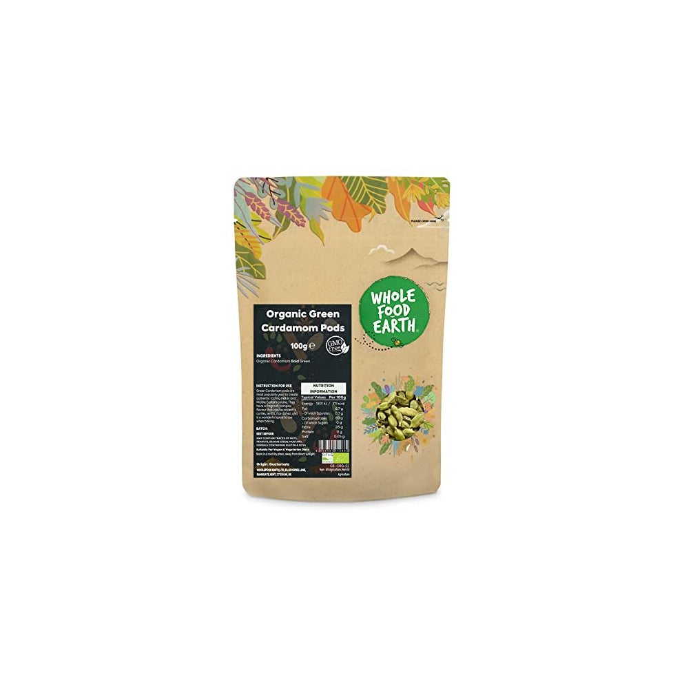 Wholefood Earth - Organic Green Cardamom Pods 100 g | Vegan | GMO Free | Certified Organic