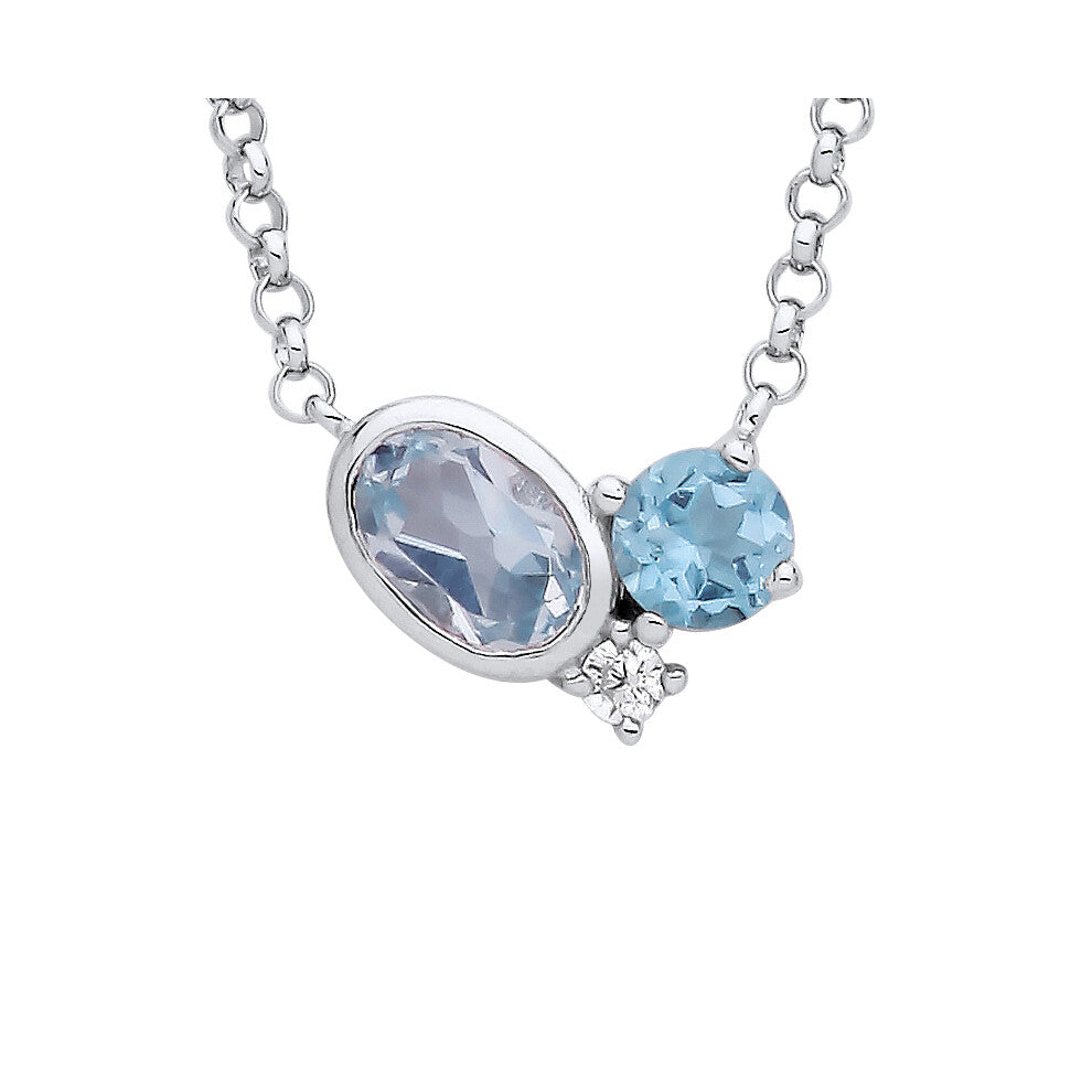 Jewelco London Ladies Sterling Silver Swiss Blue Oval CZ Thought Bubble Halo Cluster Lavalier Necklace 16 inch - GVK486