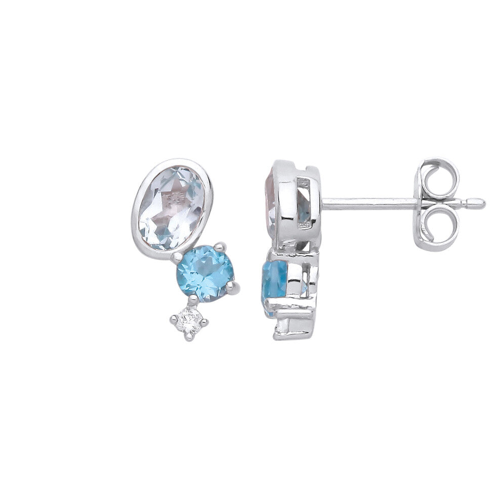 Jewelco London Ladies Rhodium Plated Sterling Silver Swiss Blue Oval CZ Thought Bubble Halo Cluster Drop Earrings - EAG1249