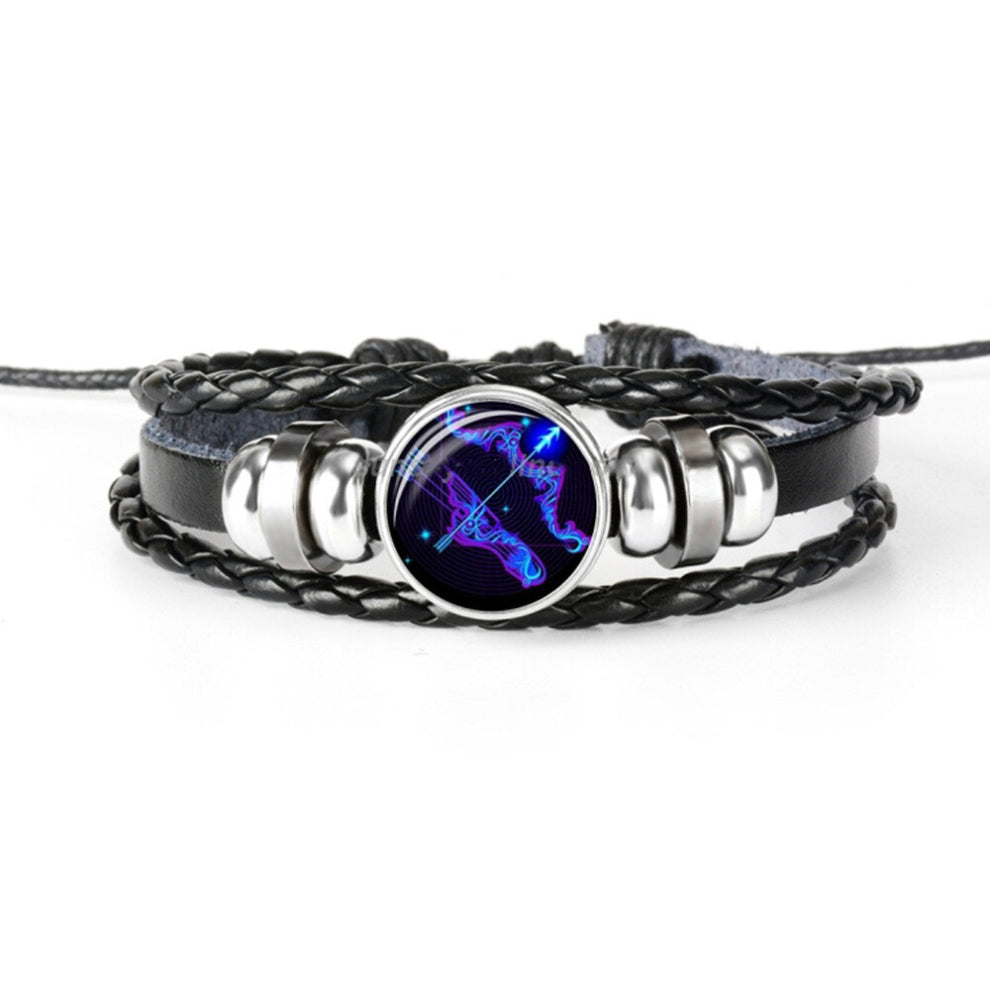 6Pcs  12 Constellation Black Braided Leather Glass Dome Punk Men Bracelet(Sagittarius)