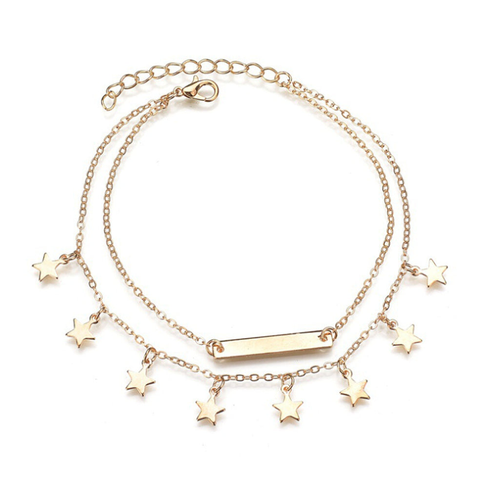 5Pcs  Antique Plated Stars Pendant Anklet Dual-layer Foot Chain Ankle Bracelet(Gold)