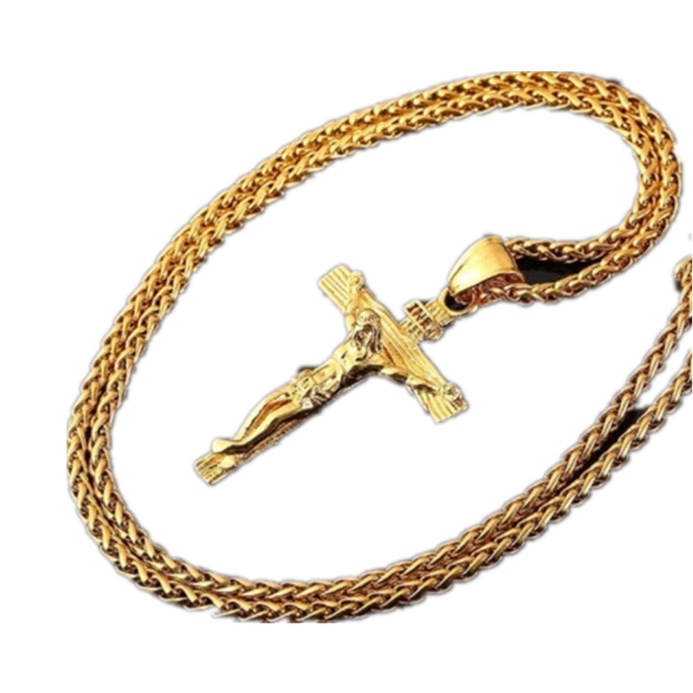 Men Vintage Stainless Steel Cross Jesus Pendant Necklace(Flower basket chain-Gold)
