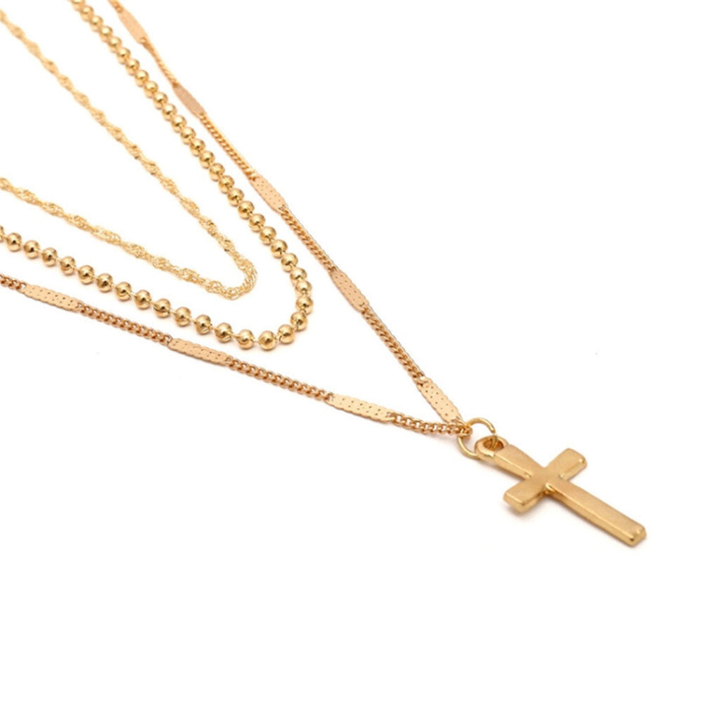 3Set  Women Handmade Multi Chains Cross Pendant Necklace(Gold)