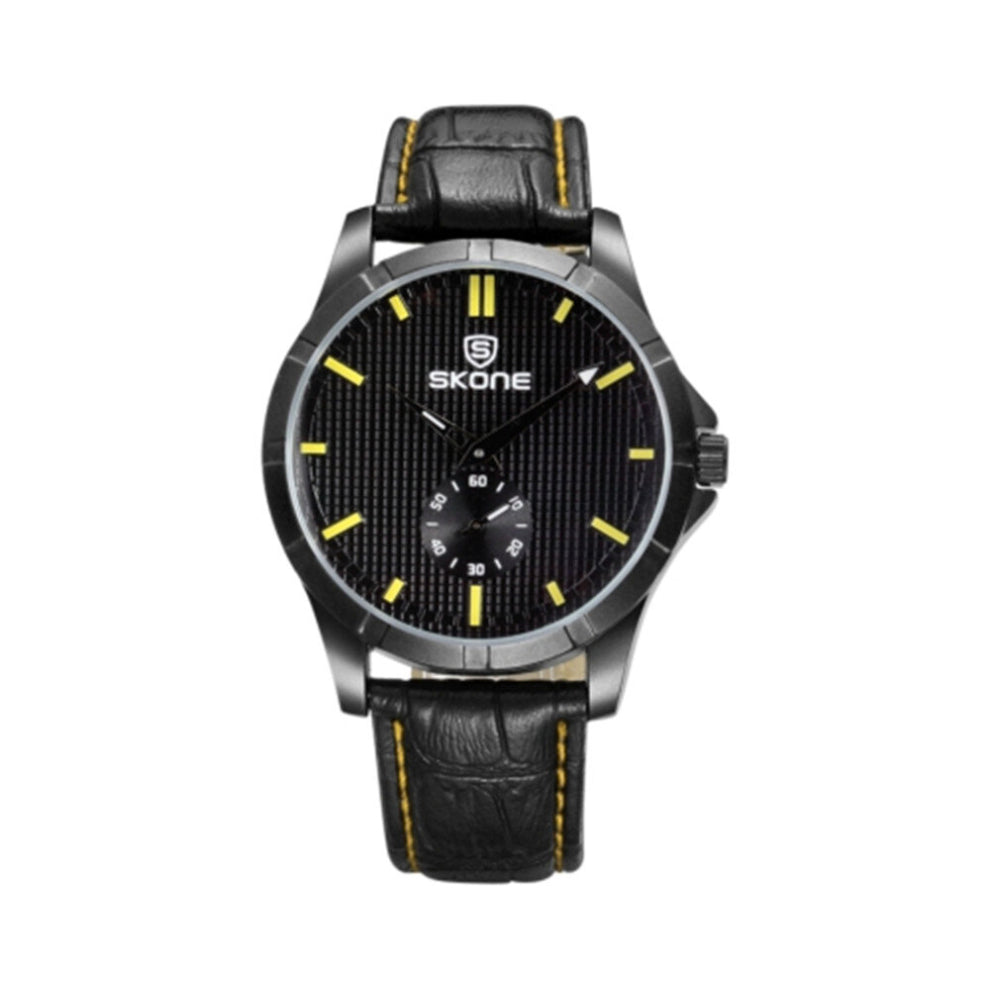 Round Dial 3D Grain Face with Small Second Dial Fashion Men Quartz Watch with PU Leather Band (Black + Yellow)