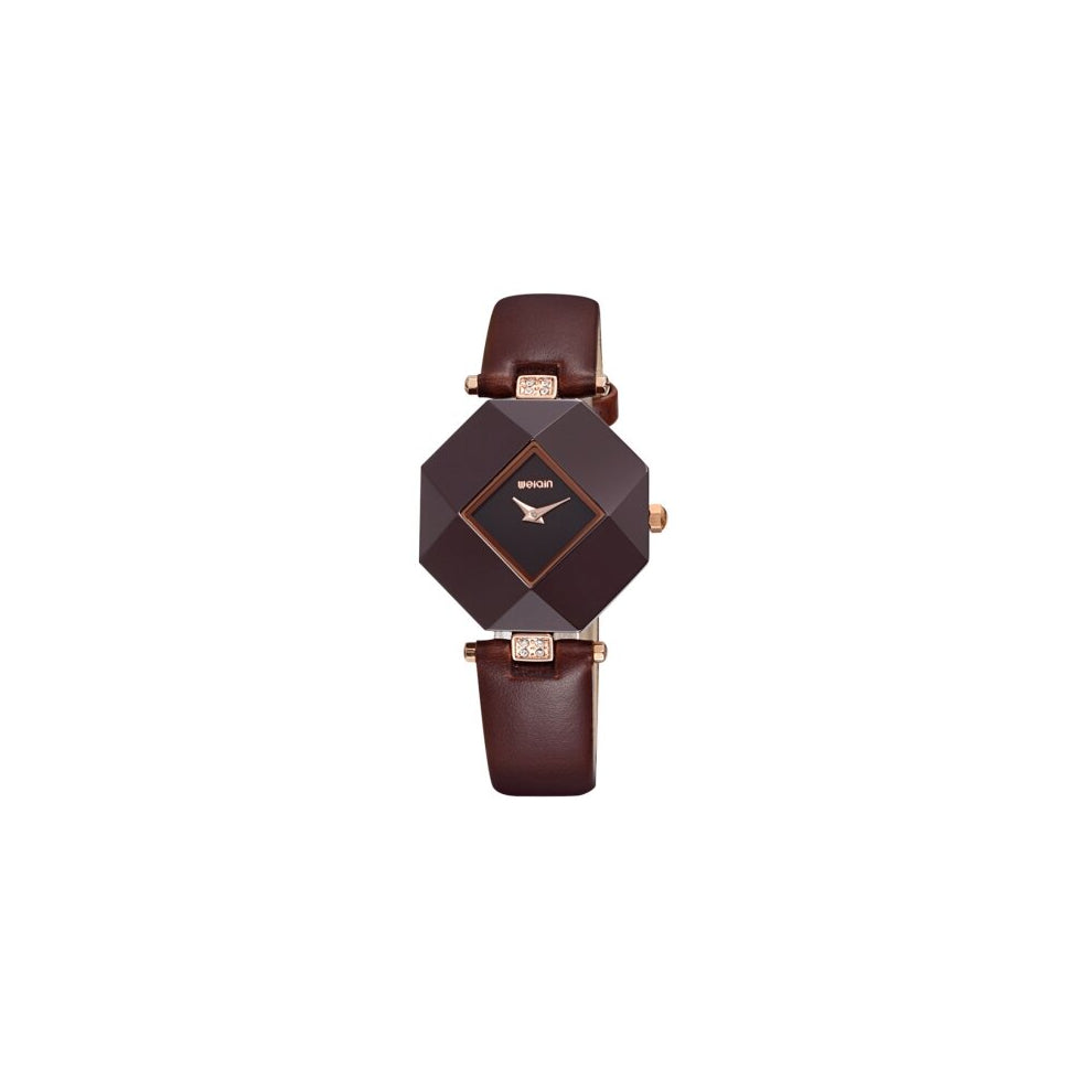 WeiQin Ceramic Case Personality Dial Creative Concept Quartz Women Watch with PU Leather Band(Coffee)