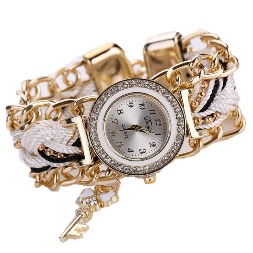 2PC Women Round Dial Diamond Braided Hand Strap Quartz Watch with Key Pendant(White)