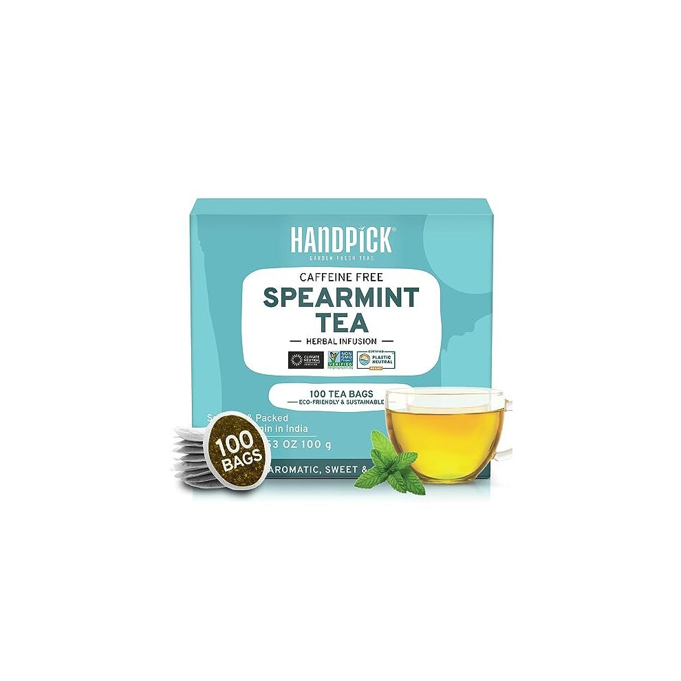 HANDPICK, Spearmint Tea Bags (100 Count) Non-GMO, 100% Pure Spearmint Leaf Tea Bags Certified by Tea Board of India | Raw from India,