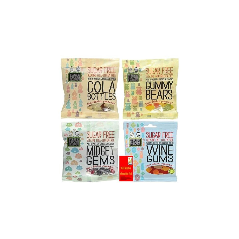 Sugar Free and Gluten Free Vegan Sweets! Free from Fellows 4 X 70g Cola Bottles, Gummy Bears, Wine Gums, and Midget Gems Value Pack Sugarless Yummy