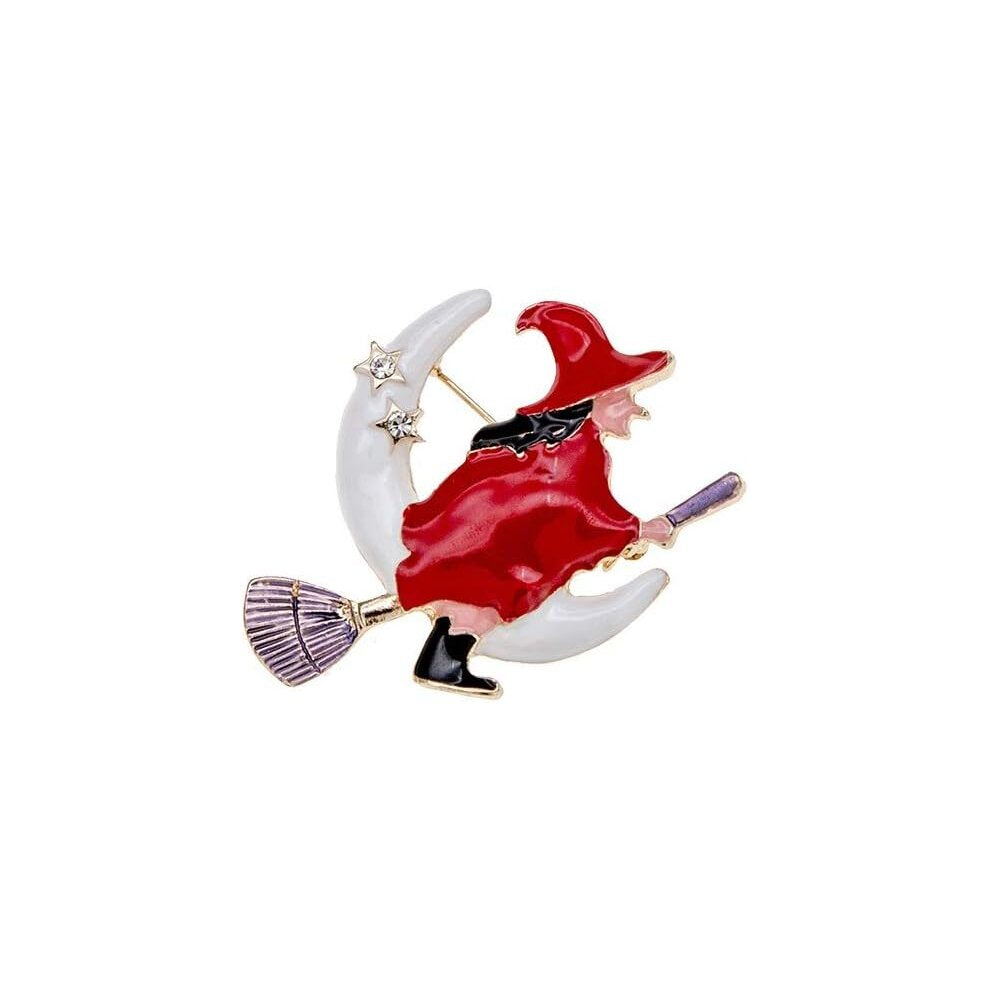 Witch Flying on The Broom Pin Brooch with Moon Star Enamel Brooch Clothes Bags Accessories for Girls Boys Halloween Jewelry