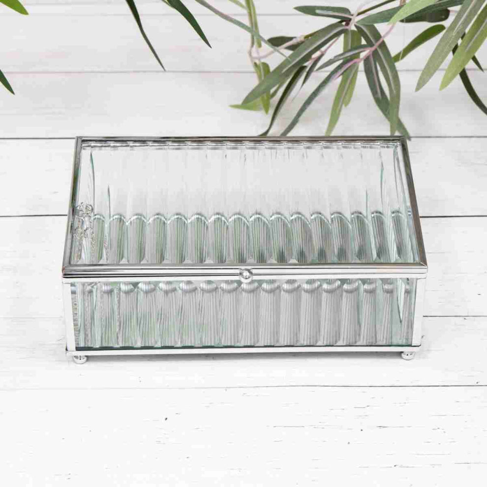 Silver Vintage Mirrored Ribbed Glass Rectangle Jewellery Trinket Box