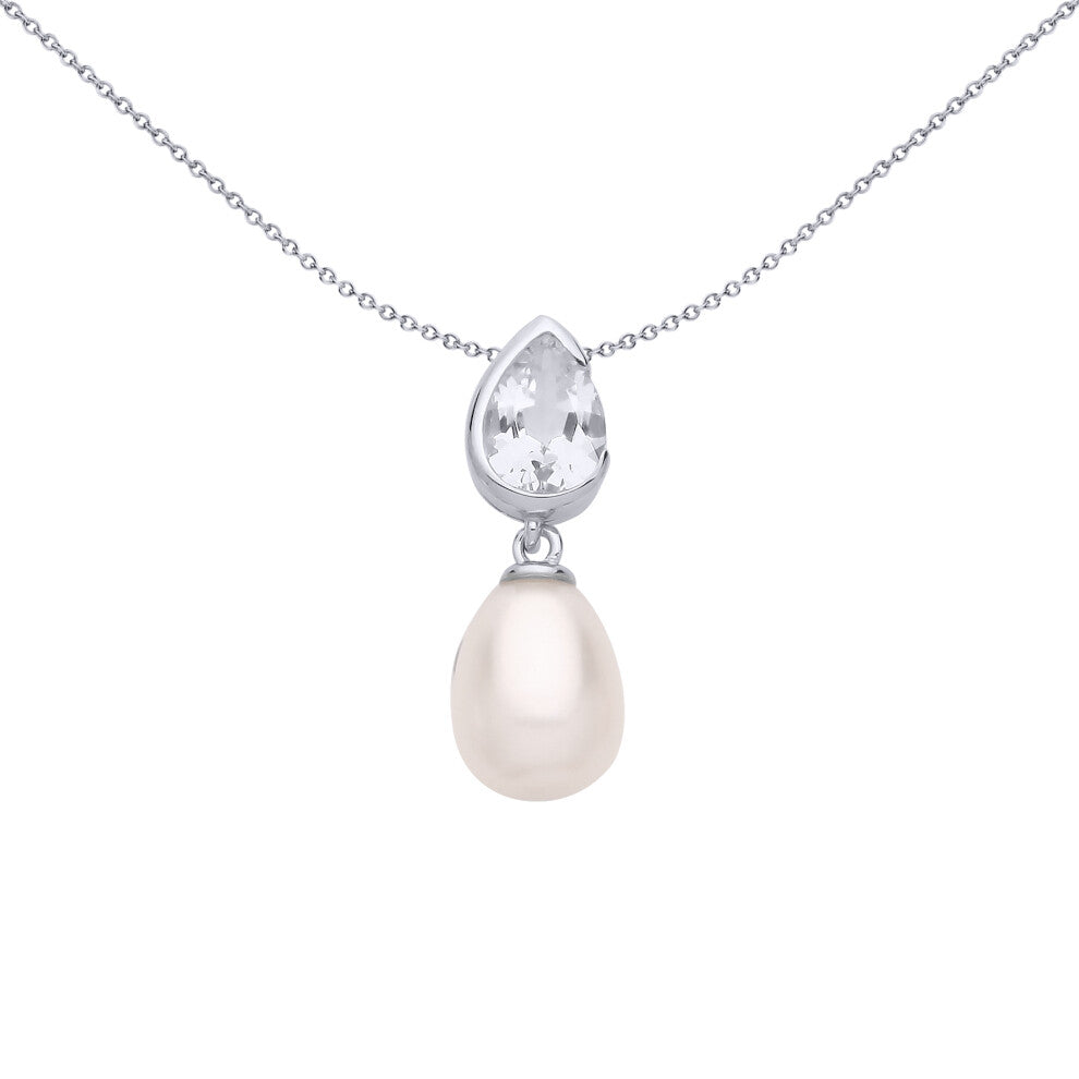 Jewelco London Ladies Rhodium Plated Sterling Silver Cream Pear Pearl CZ Mirrored Pear Drops Pendant Necklace 18 inch - GVP682