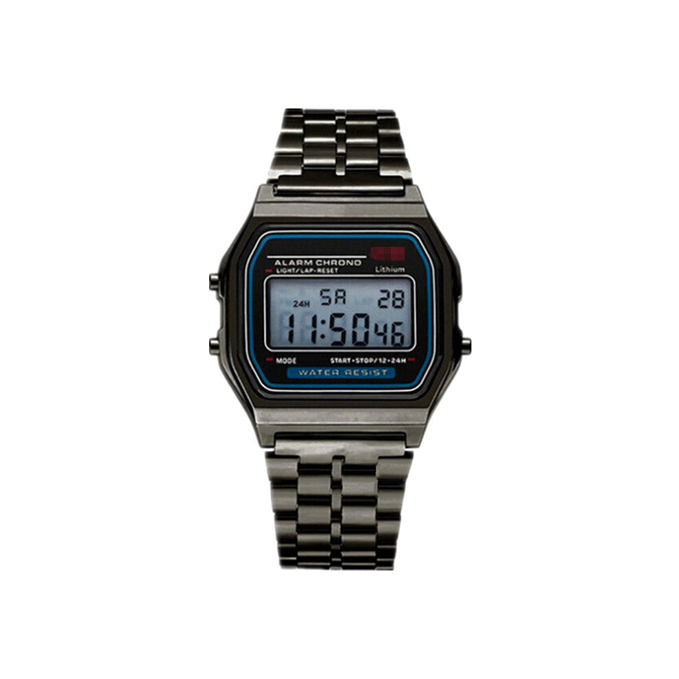 (Black) Electronic Watch Steel Band Outdoor Fashion Sports Multi Functional Electronics