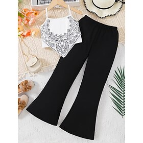 2 Pieces Kids Girls' Cartoon Halter Tank  Pants Set Sleeveless Fashion School 7-13 Years Summer White