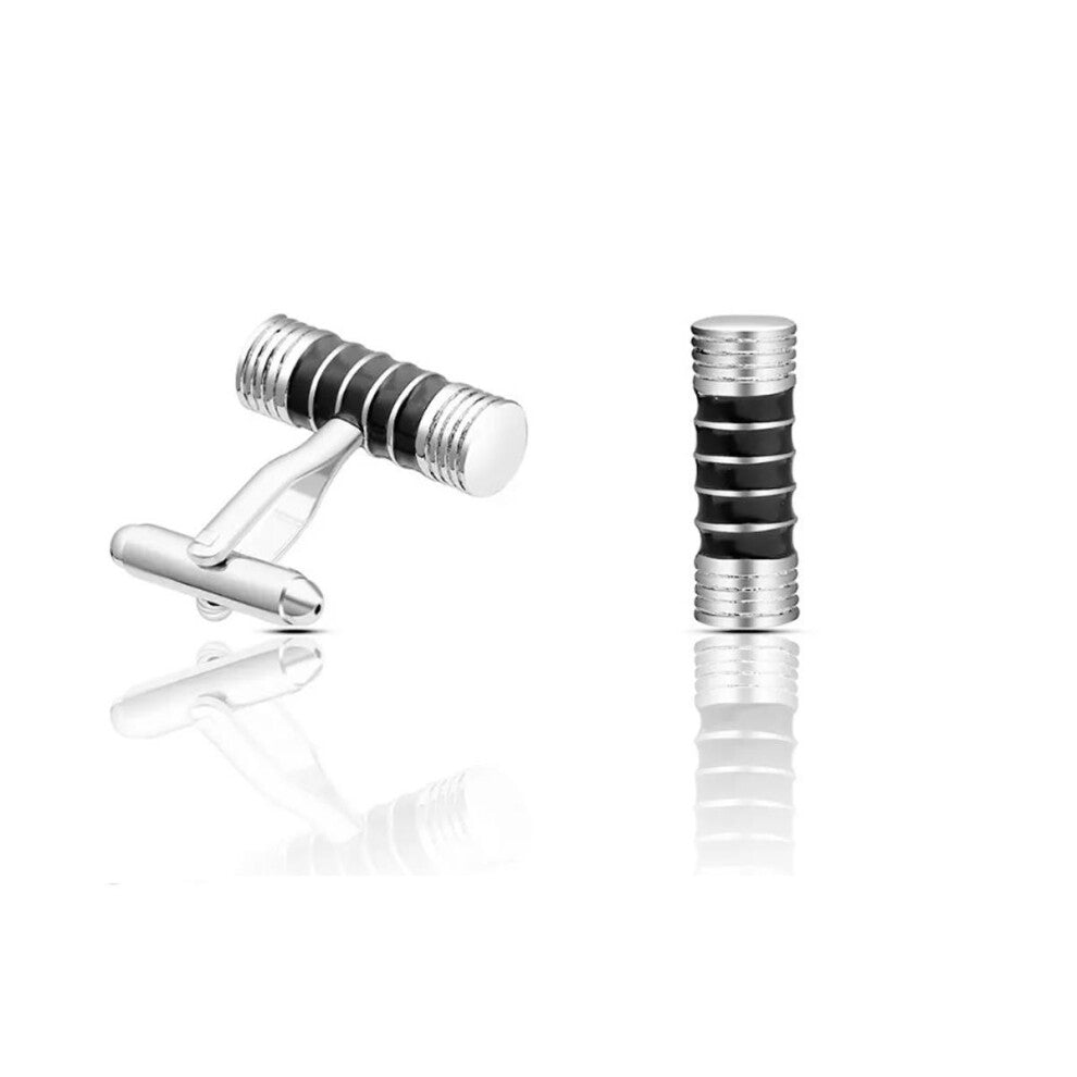 (Black) Silver Barrel Cufflinks Five Stripes Ribbed Design