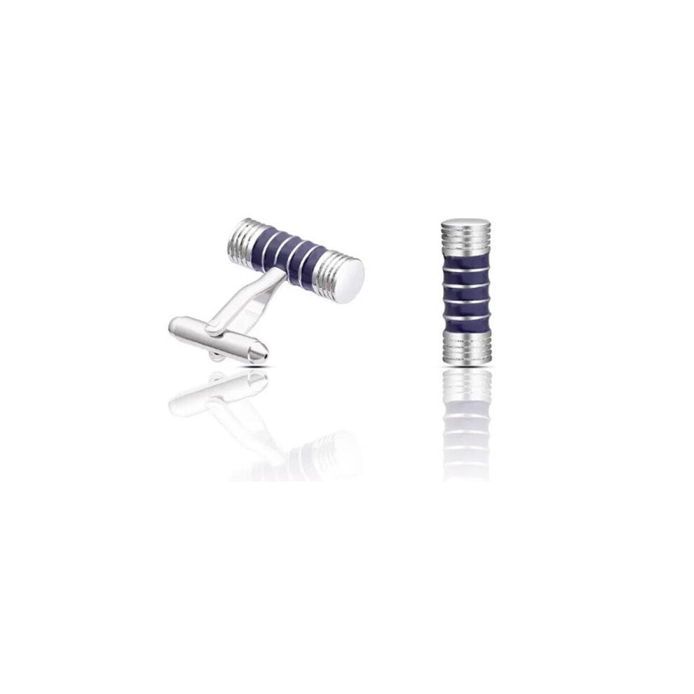 (Blue) Silver Barrel Cufflinks Five Stripes Ribbed Design