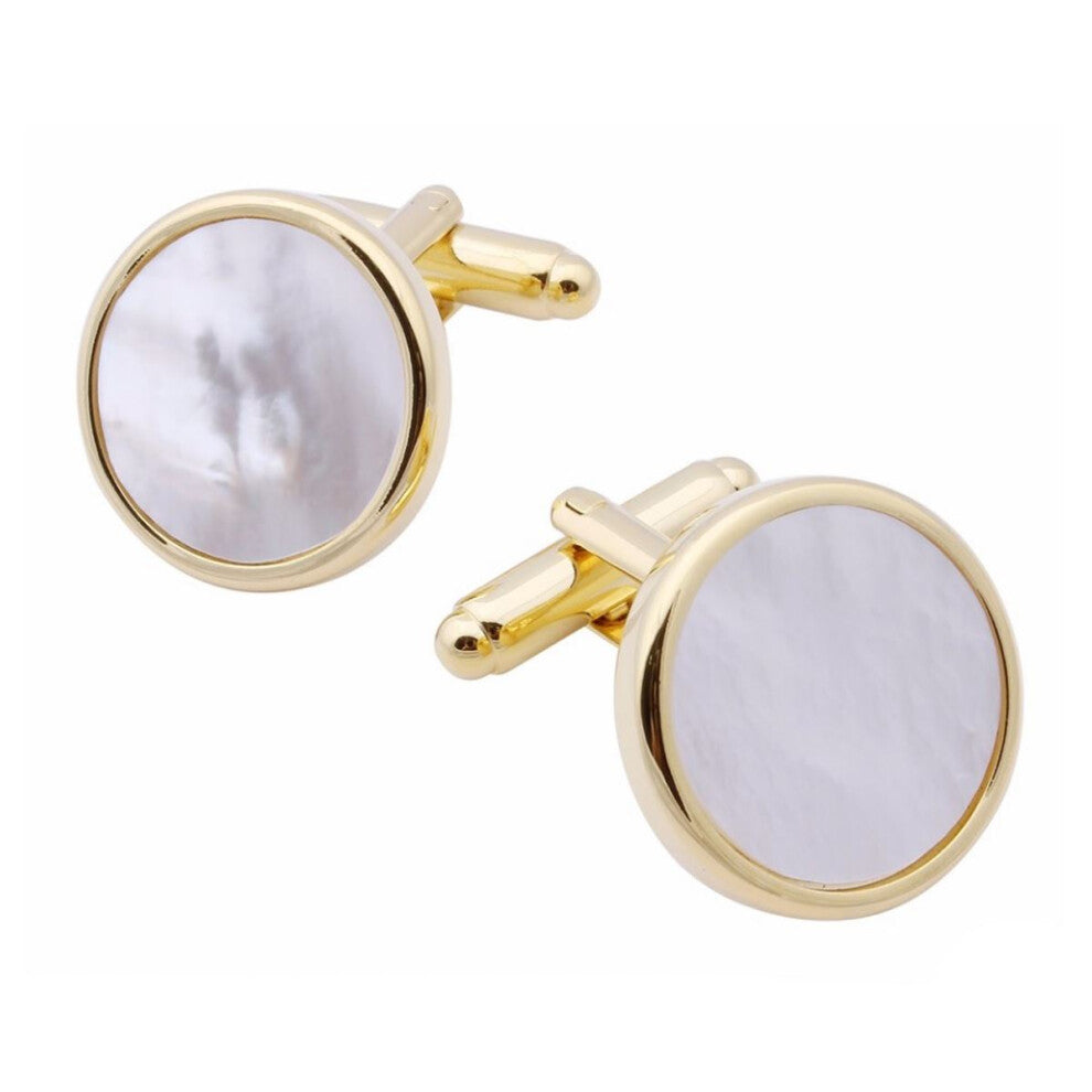 Thin Classic Gold Round Cufflinks With Mother Of Pearl Stone