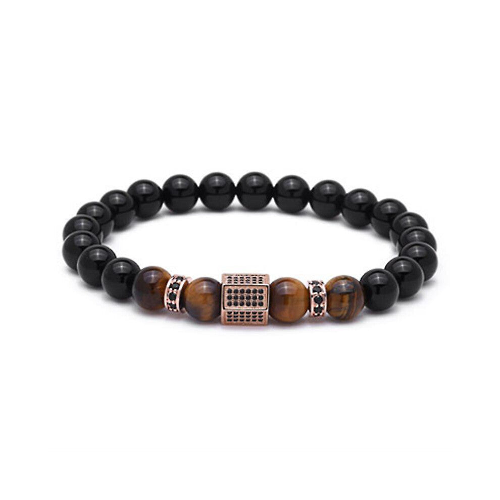 (Rose Gold) Men's Bracelet Black Glossy Stone Beads With Zircon And Gold Plated Lucky Beads For Men