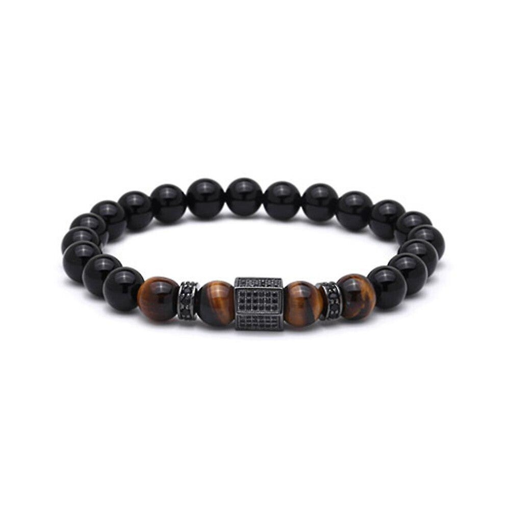 (Black) Men's Bracelet Black Glossy Stone Beads With Zircon And Gold Plated Lucky Beads For Men
