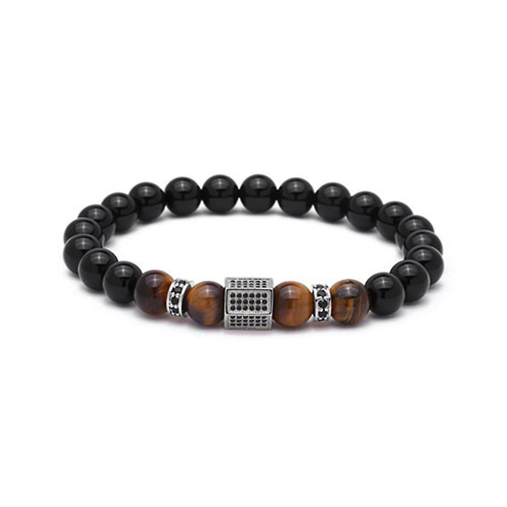 (Steel Color) Men's Bracelet Black Glossy Stone Beads With Zircon And Gold Plated Lucky Beads For Men