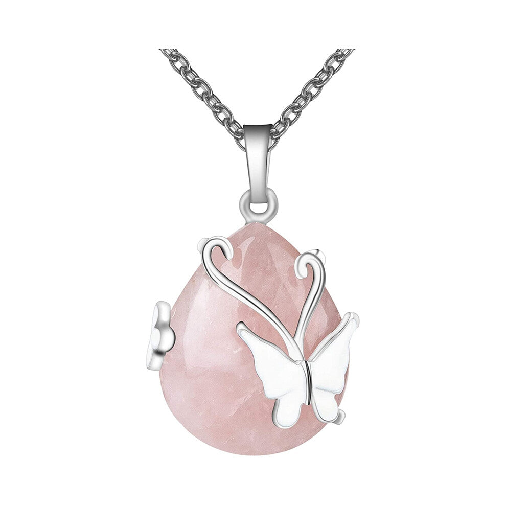 Vintage Wire Wrap Butterfly Gemstone Rose Quartz Opalite Healing Crystal Pendant Necklace-A