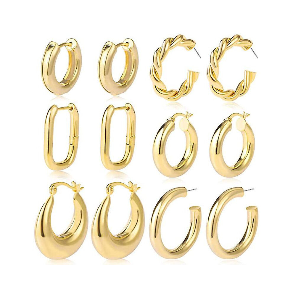 Wabjtam Gold Hoop Earrings Set For Women, Lightweight Hypoallergenic Chunky Open Hoops Set For Gift 6pairs