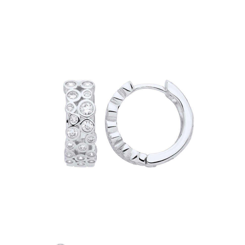 Jewelco London Ladies Rhodium Plated Sterling Silver CZ Assorted Bubbles Eternity Huggie Hoop Earrings - EAG1238
