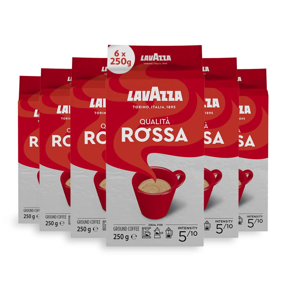 Lavazza, Qualità Rossa, Ground Coffee, 6 x 250 g, Ideal for Moka Pots, with Aromatic Notes of Chocolate and Dried