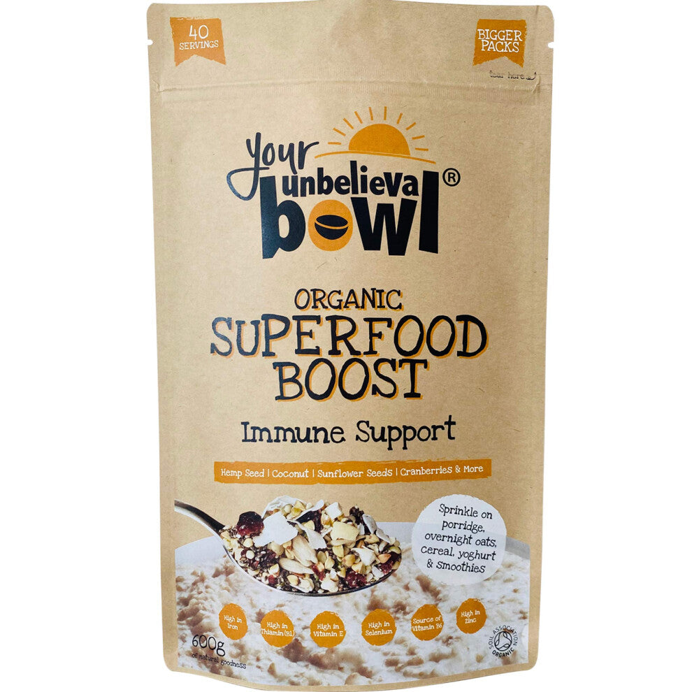 - Organic Superfood Boost (Immune Support) 600g, 40 Servings, 45p Per Serving, Gluten Free, Chia, Hemp & Sunflower Seeds