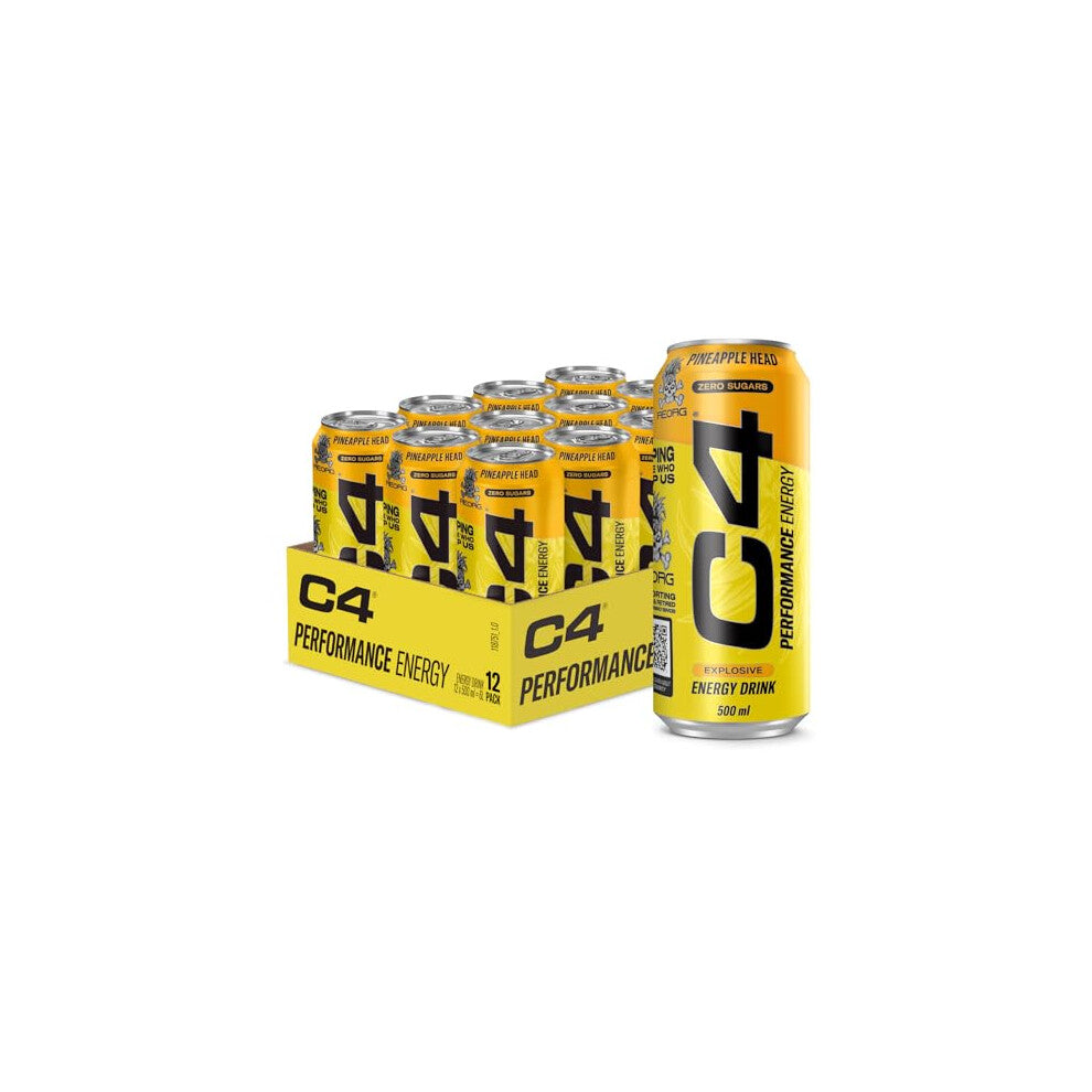 C4 Performance Energy Drinks Pineapple Head 500ml (12 Pack) | Sugar Free Energy Drink with 160mg Caffeine, 250mg Betaine