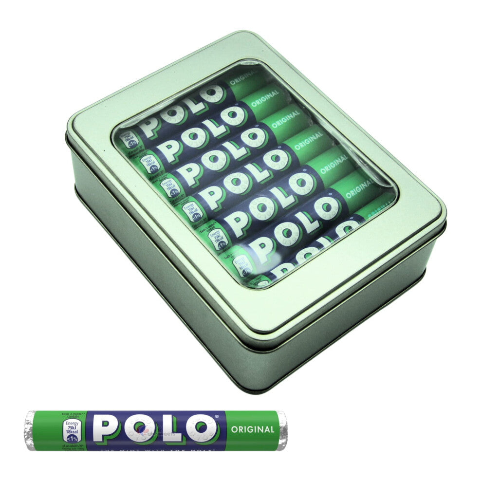 Polo Mints Original Sweets x 16 Large Tubes x 34g Bundle with TinTastic Silver Window Lid Refillable Tin