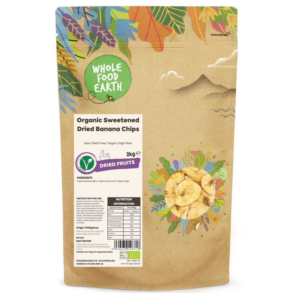 Organic Sweetened Dried Banana Chips – 2 kg | Raw | GMO Free | Vegan | High Fibre | Certified Organic