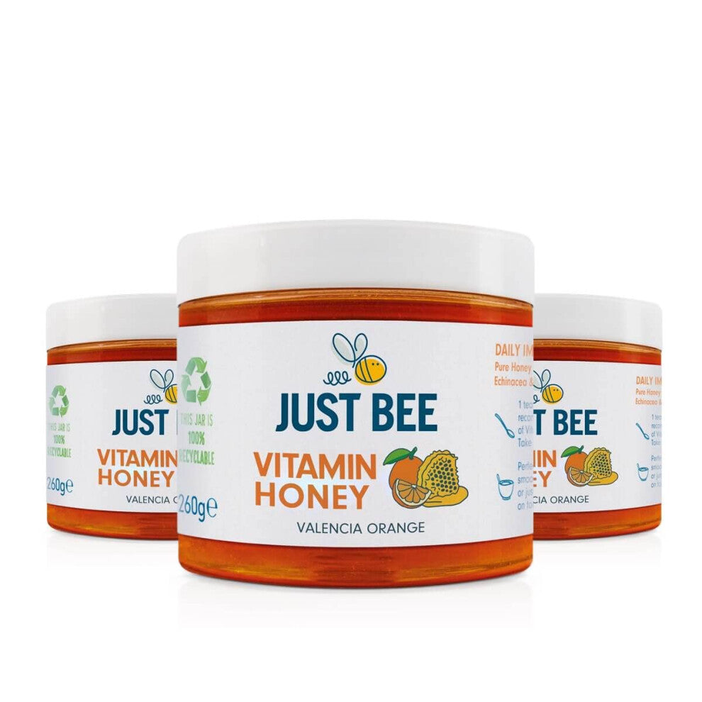 Just Bee Orange Vitamin Honey Multipack (3x260g) with Vitamins D, C, B6, B12 & Echinacea - Daily Immune Support