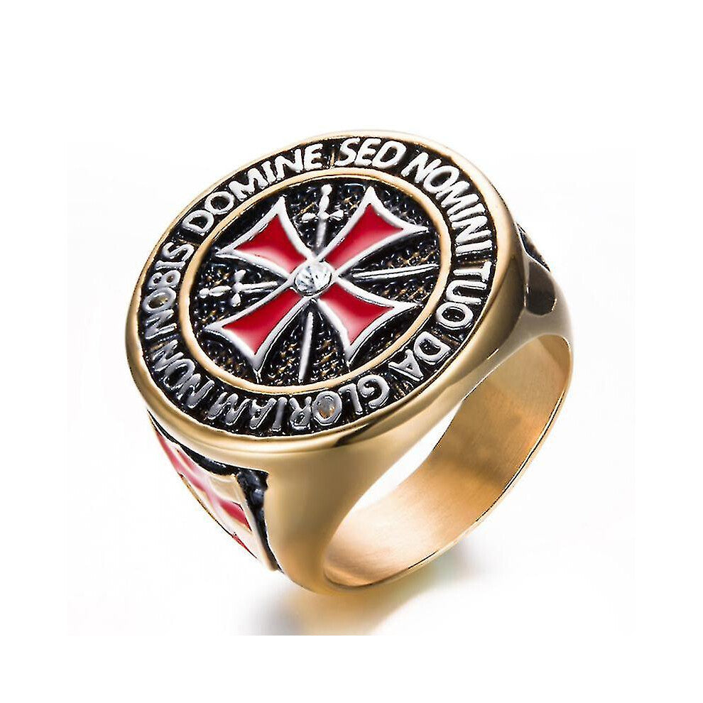 (Gold, 12) Knights Templar Rings For Men, Stainless Steel Crusader Cross Biker Ring