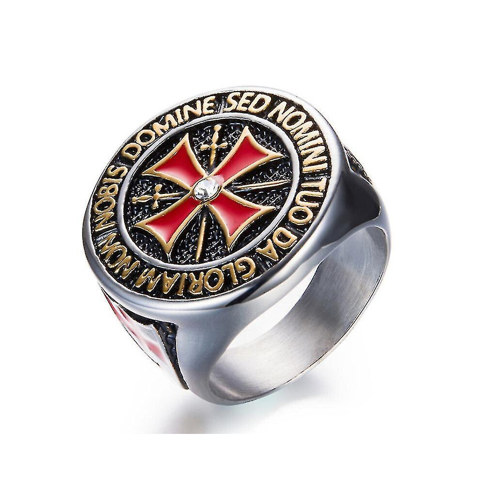 (Silver, 15) Knights Templar Rings For Men, Stainless Steel Crusader Cross Biker Ring